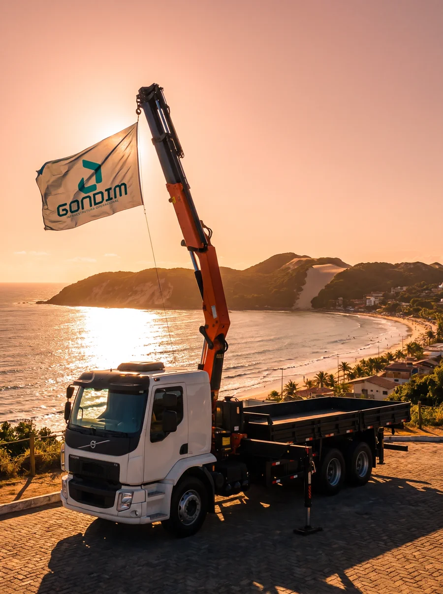 Caminhão munck da Gondim com a bandeira ao pôr do sol